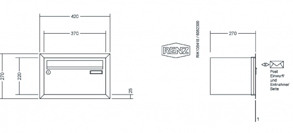 RENZ Briefkastenanlage Unterputz, Eckrahmen, Edelstahl V4A, Kastenformat 370x220x270mm, 1-teilig